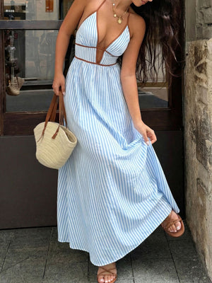 Blue striped maxi dress with halter neckline and brown trim, deep v cut