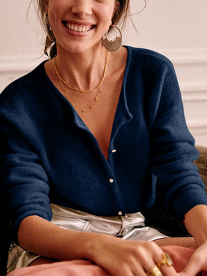Dark Blue cashmere cardigan with plunging neckline and button front detail.
