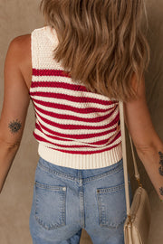 Textured stripe knit tank top in red and cream acrylic with a ribbed hem.