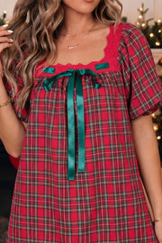 Plaid Square Collar Lace Trim Mini Dress in Deep Red, close-up detail