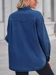 Washed denim maternity overshirt in navy with snap pockets and curved hem.