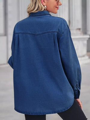 Washed denim maternity overshirt in navy with snap pockets and curved hem.