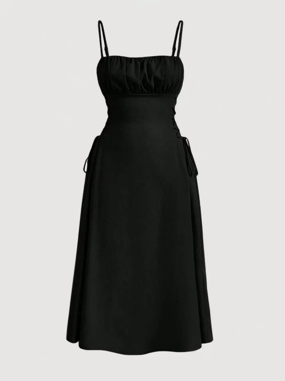 Black cami dress with ruched bodice, A-line skirt and crisscross lace-up sides.
