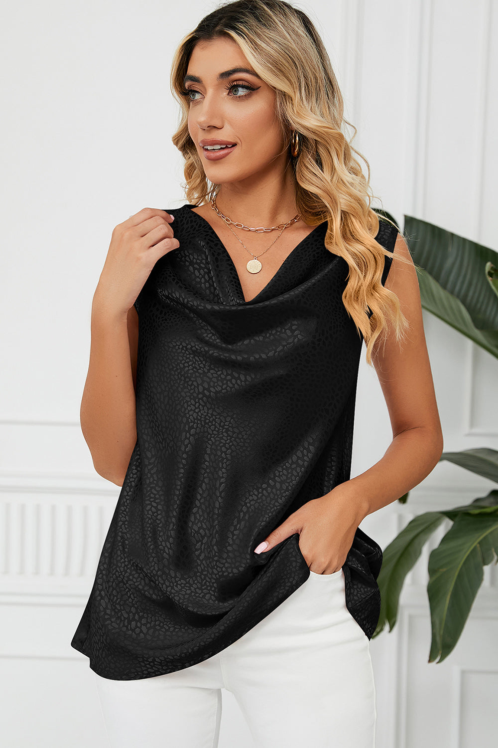 Black jacquard drape neck tank top with subtle animal print texture.