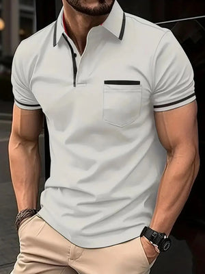 White short sleeve polo with black contrast trim on collar, pocket, and sleeves.