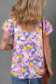 Floral Print Striped Color Block V Neck Blouse, side view