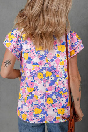 Floral Print Striped Color Block V Neck Blouse, side view