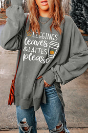 Dark gray graphic sweatshirt with "Leggings Leaves & Lattes Please" text and coffee cup graphic.