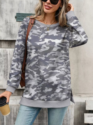 medium gray sweatshirt featuring slit and camo