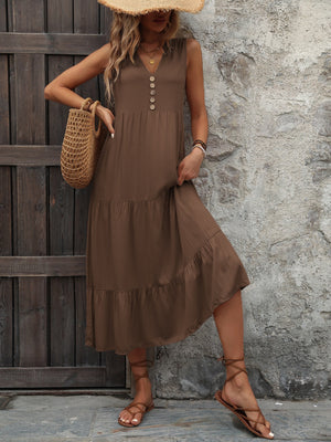 Brown tiered midi sundress with V-neck and button detail