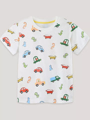 White cotton t-shirt for kids with a colorful cartoon car and dinosaur print.