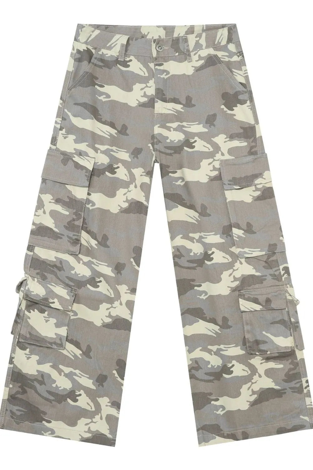 Urban Warrior cargo jeans in gray camouflage with multiple pockets and adjustable ankle ties.