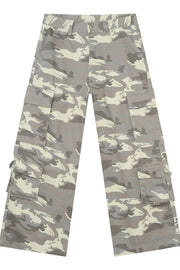 Urban Warrior cargo jeans in gray camouflage with multiple pockets and adjustable ankle ties.