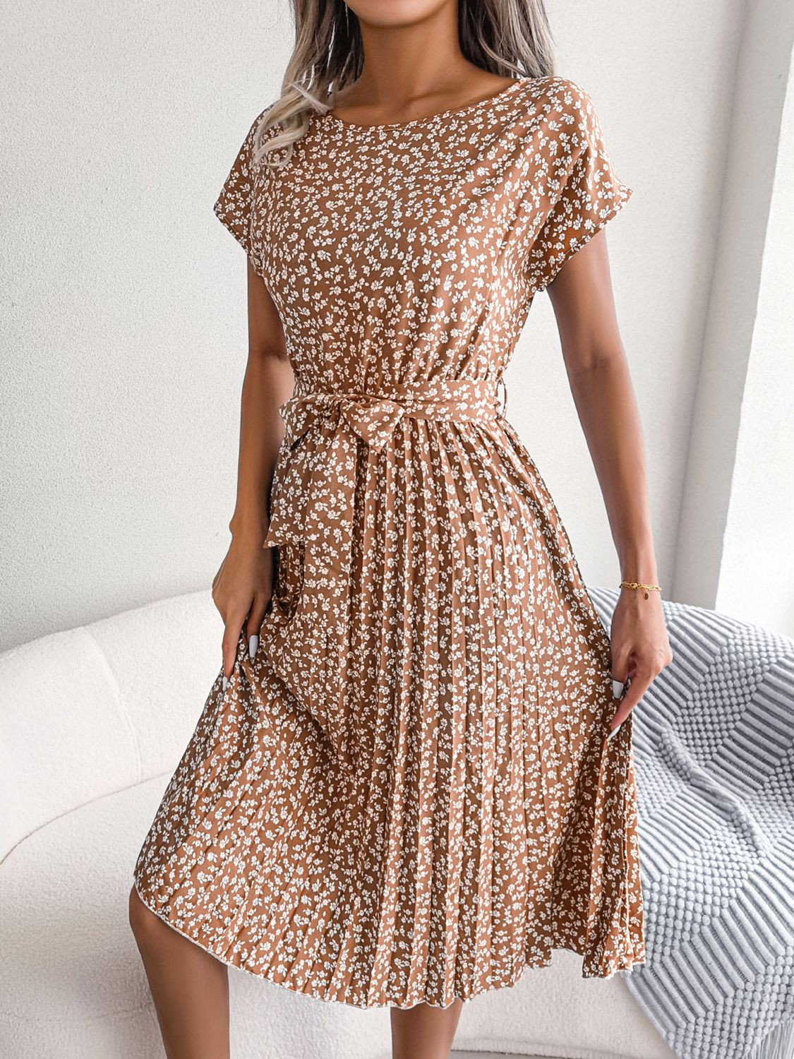 Camel floral print midi dress with tie waist and pleated skirt