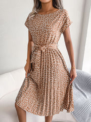 Camel floral print midi dress with tie waist and pleated skirt