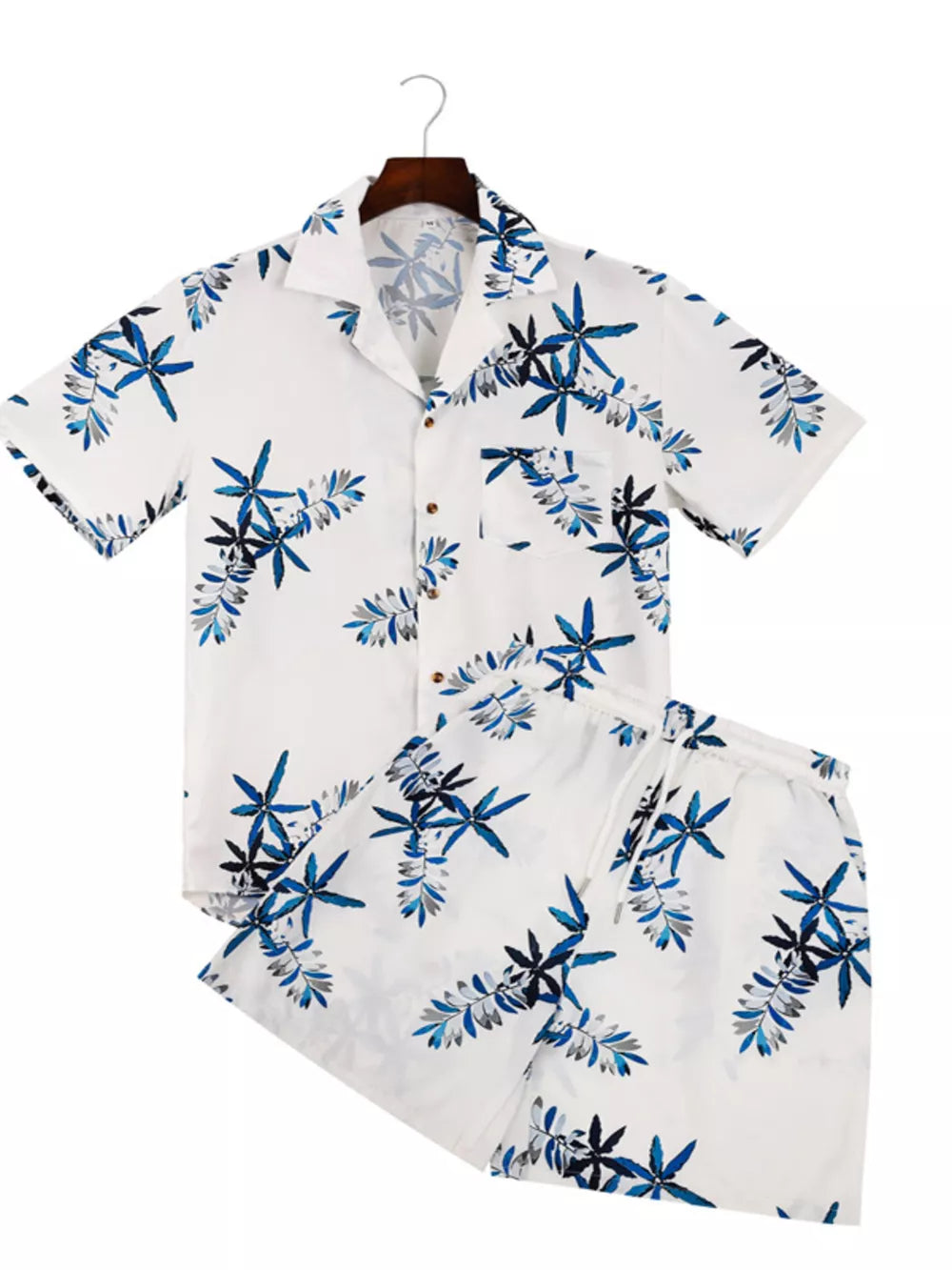 Men's Tropical Print Short Sleeve Shirt And Shorts Set in White, front view
