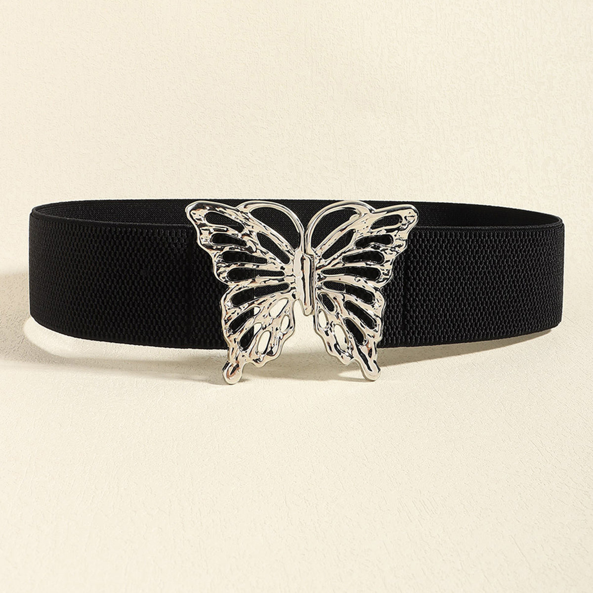 Black elastic belt with silver butterfly buckle detail