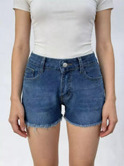 Classic blue denim shorts with frayed hem and button fly.
