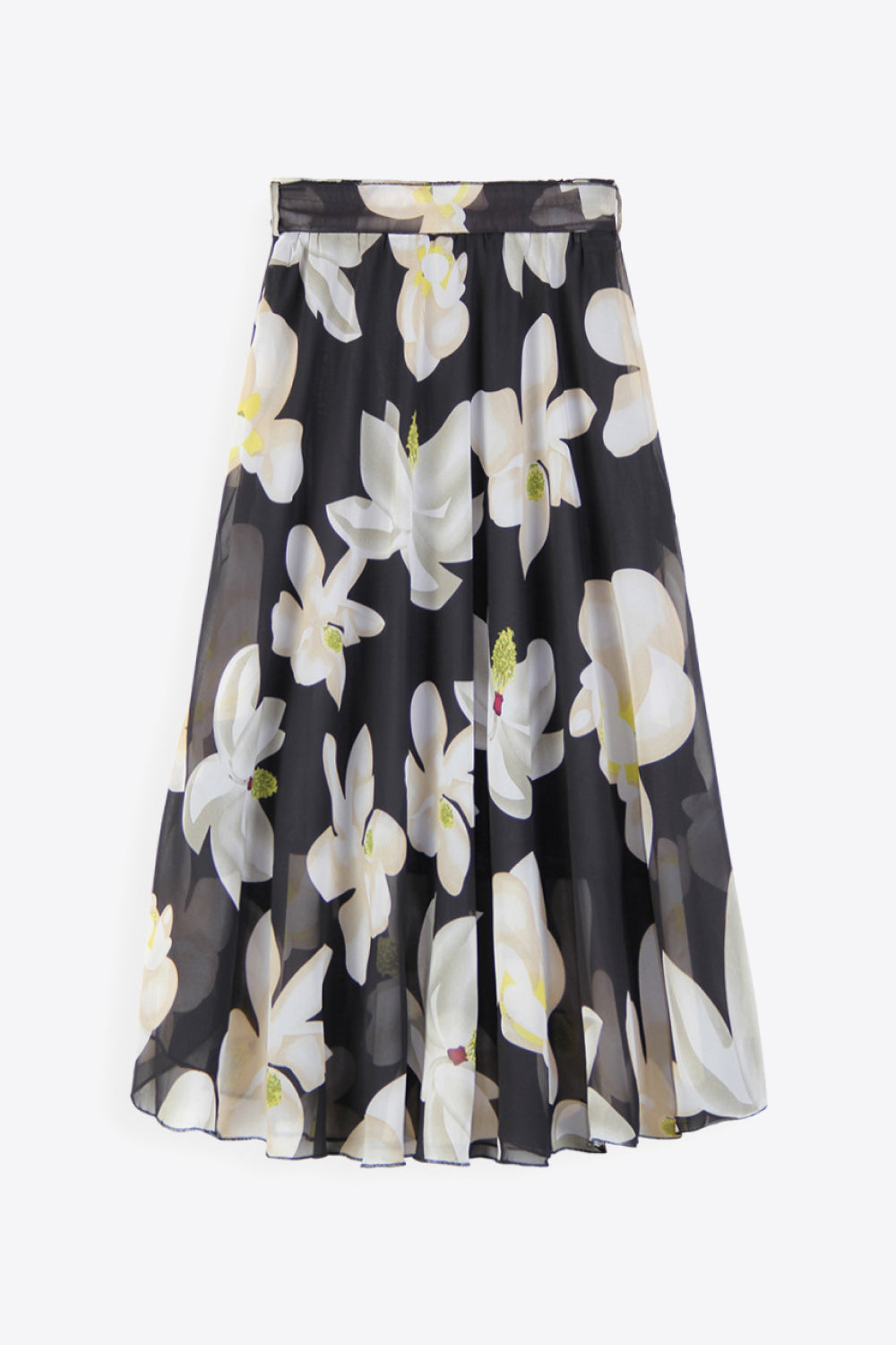 Black chiffon midi skirt with white magnolia print and belted waist