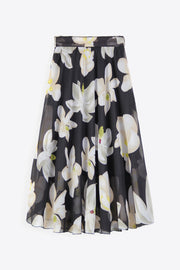 Black chiffon midi skirt with white magnolia print and belted waist