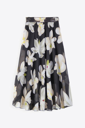 Black chiffon midi skirt with white magnolia print and belted waist