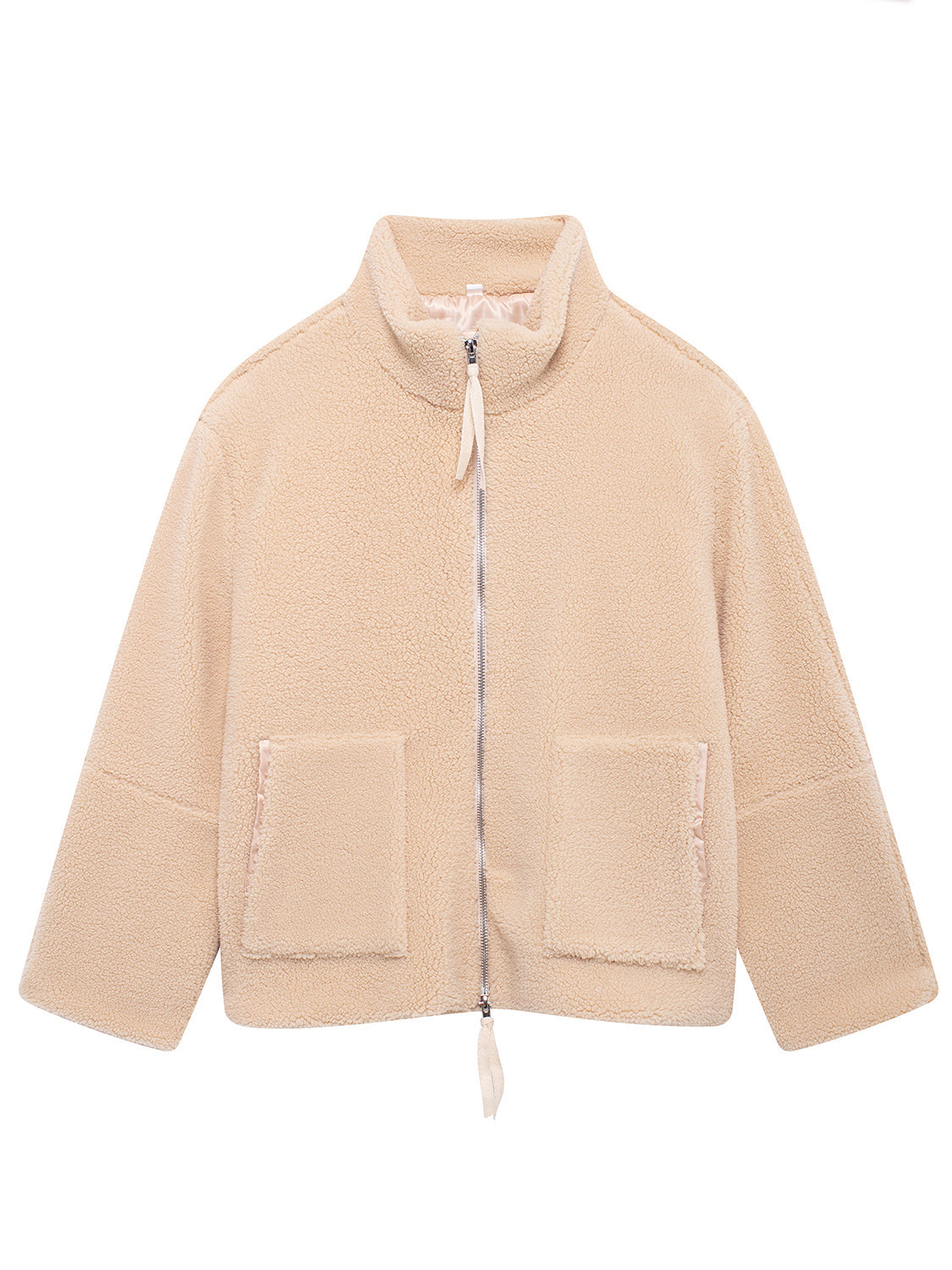 Tan sherpa jacket with stand collar, zip front, and two patch pockets with satin trim.