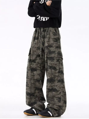 Urban camouflage cargo sweatpants with drawstring waist and multiple pockets.