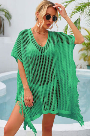 Green open-knit beach cover-up with V-neck and fringe detail.