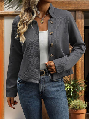 Dark gray ribbed stand-collar button-front blazer with a casual cut.