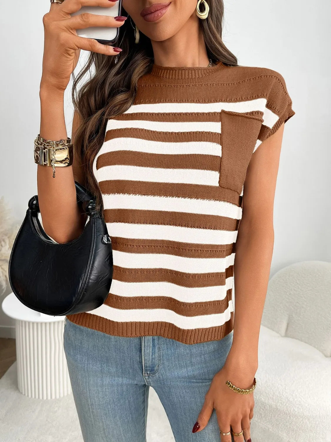 Striped knit t-shirt in caramel and white with a chest pocket and short sleeves.