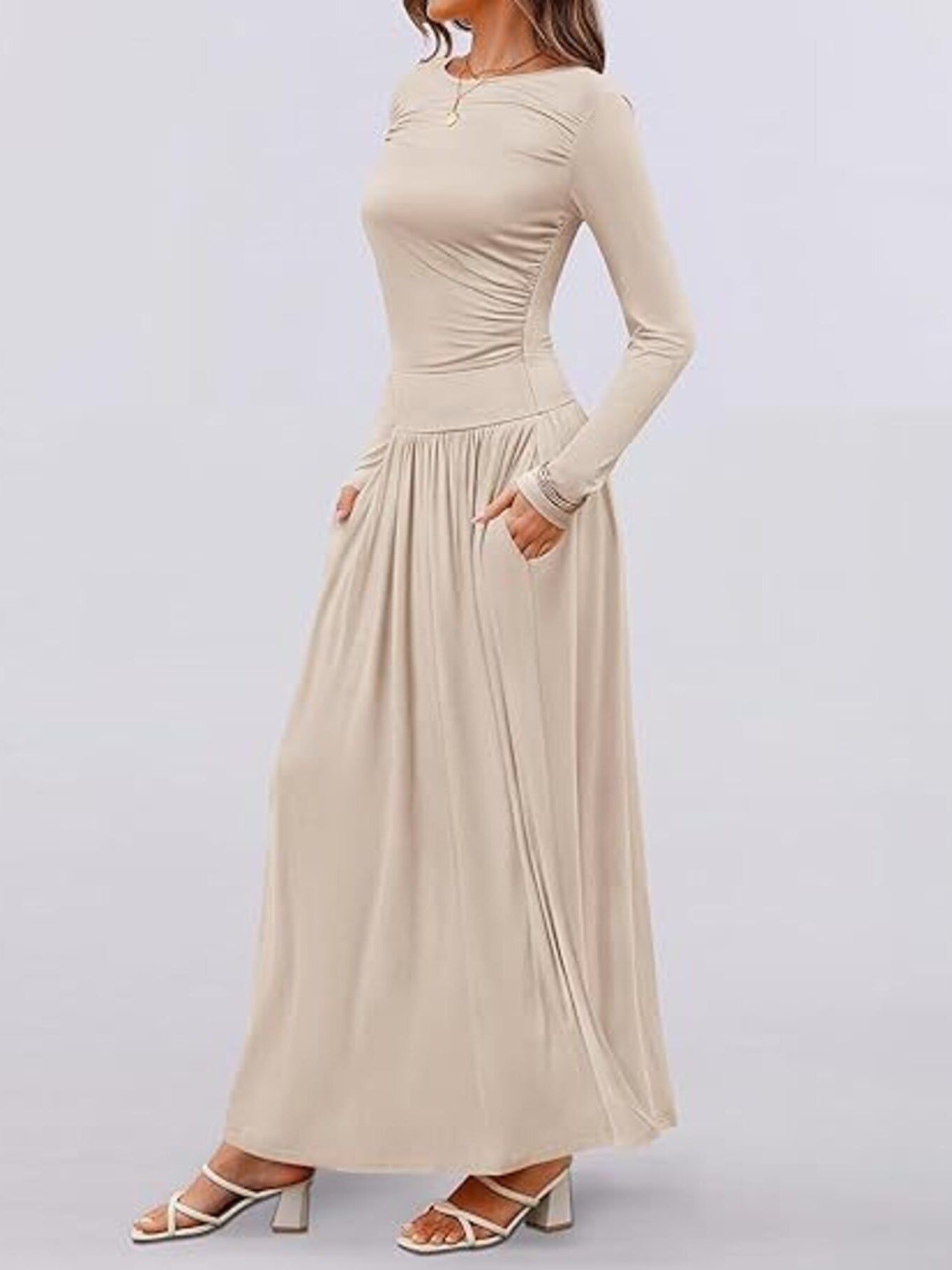 Apricot ruched long sleeve maxi dress with pockets