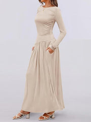 Apricot ruched long sleeve maxi dress with pockets