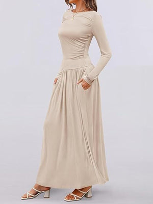 Apricot ruched long sleeve maxi dress with pockets