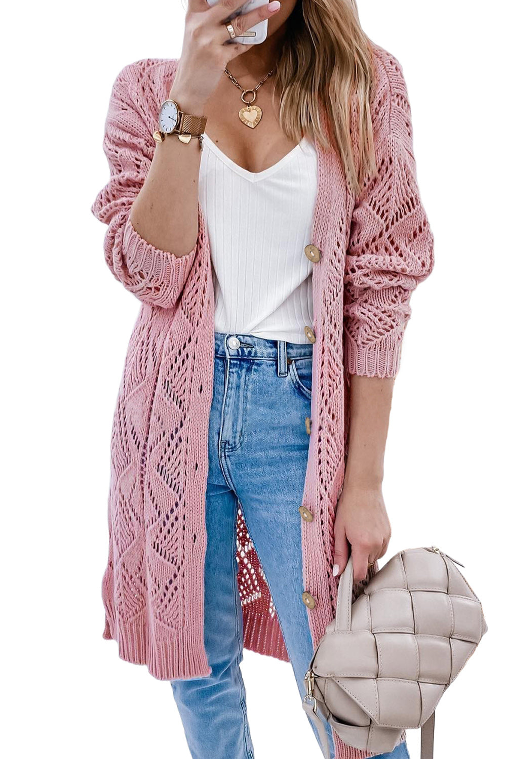 Dusty pink openwork button-down maxi cardigan with diamond pattern and ribbed cuffs.
