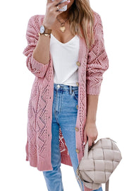 Dusty pink openwork button-down maxi cardigan with diamond pattern and ribbed cuffs.