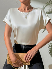 Satin-finish light gray blouse with cuffed short sleeves and a crew neck.