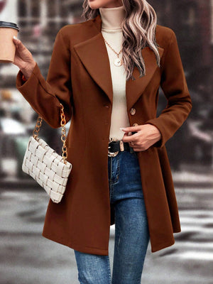 Brown wool blend coat with a sculpted flare hem and buttoned front.