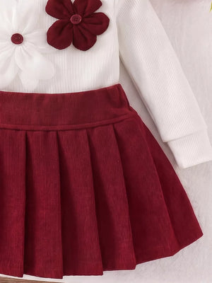 Children's Floral Applique Mock Neck Top And Pleated Skirt Set in White, close-up detail