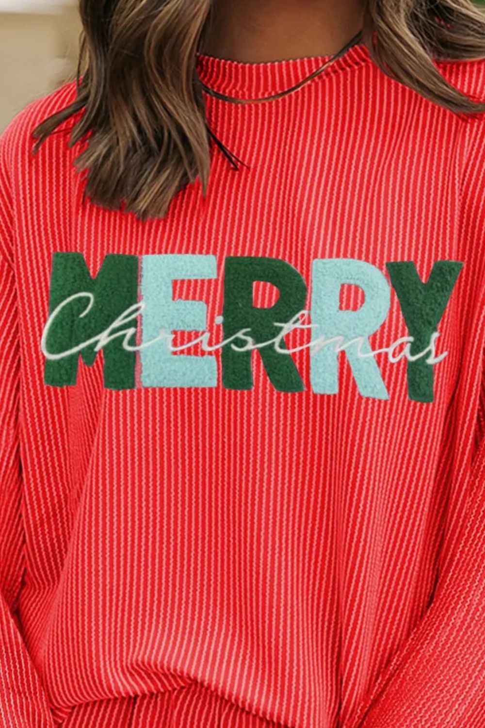 Orange-red striped loungewear top with textured Merry Christmas graphic