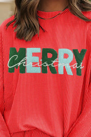 Orange-red striped loungewear top with textured Merry Christmas graphic