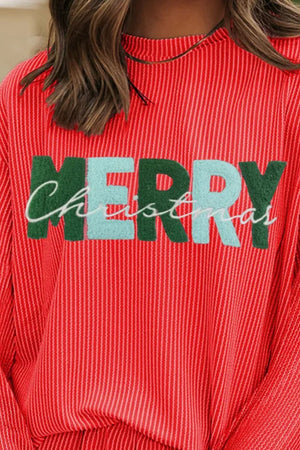 Orange-red striped loungewear top with textured Merry Christmas graphic