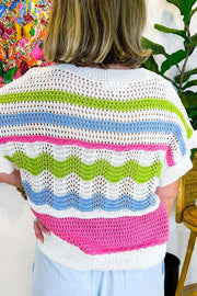Scalloped crochet tee with ruffle sleeves in stripe pattern, featuring white, green, blue, and pink colorblock.