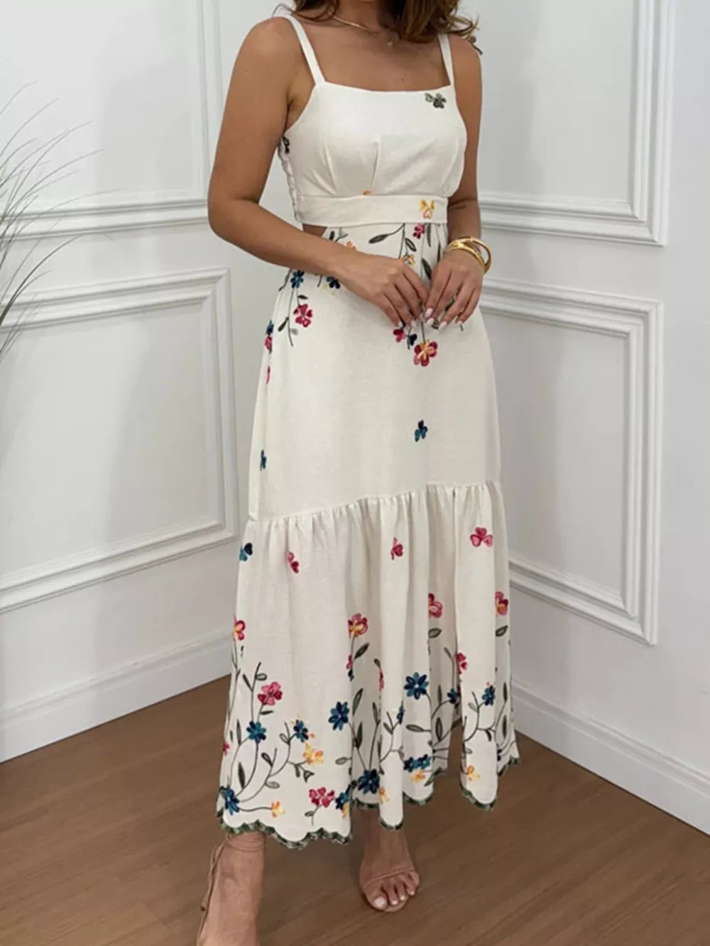 Embroidered floral cutout midi dress with square neckline and ruffled hem