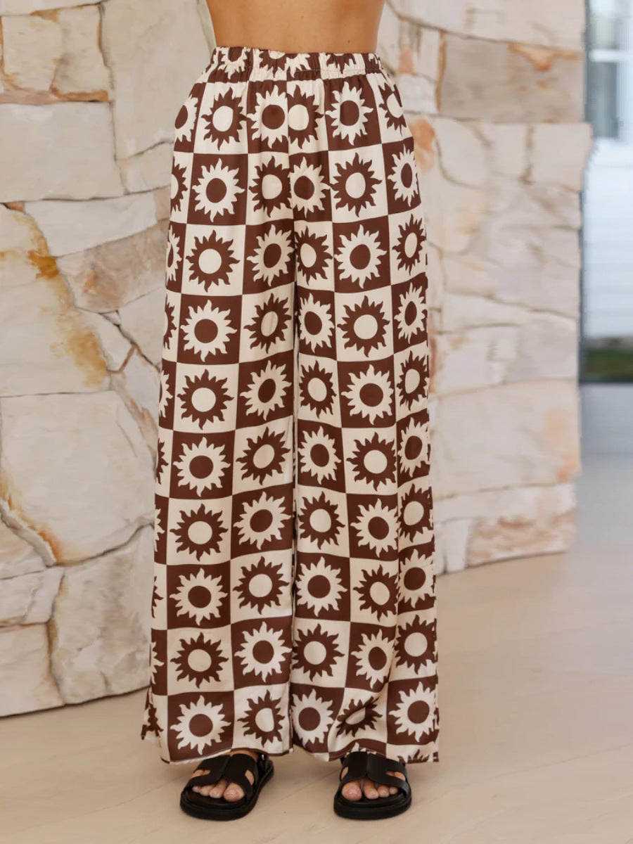 Brown checkerboard sunburst co-ord set pants with wide leg