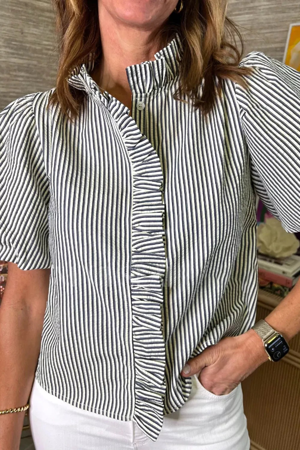 Maternity striped ruffle detail shirt with puff sleeves and button front.