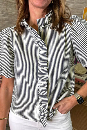 Maternity striped ruffle detail shirt with puff sleeves and button front.