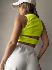 Ribbed cutout crop top in Moss, orange, black, white, caramel, lemon, lavender, gray, or mid green.