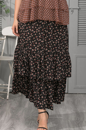 Black floral tiered maxi skirt with ruffled hem