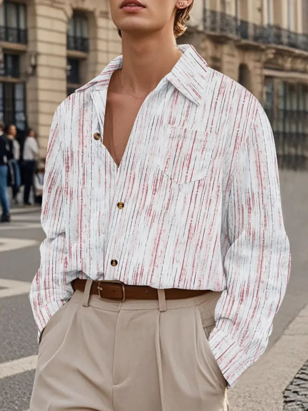 Textured stripe relaxed fit shirt in white with red vertical stripes, button-down, and chest pocket.
