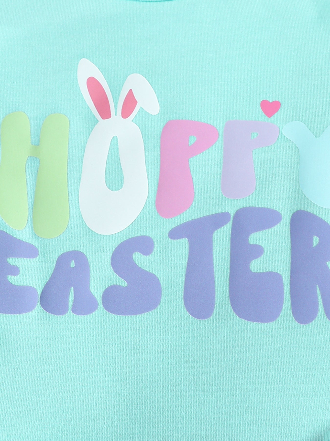 Lake blue cotton bodysuit with "Happy Easter" graphic and bunny ears.